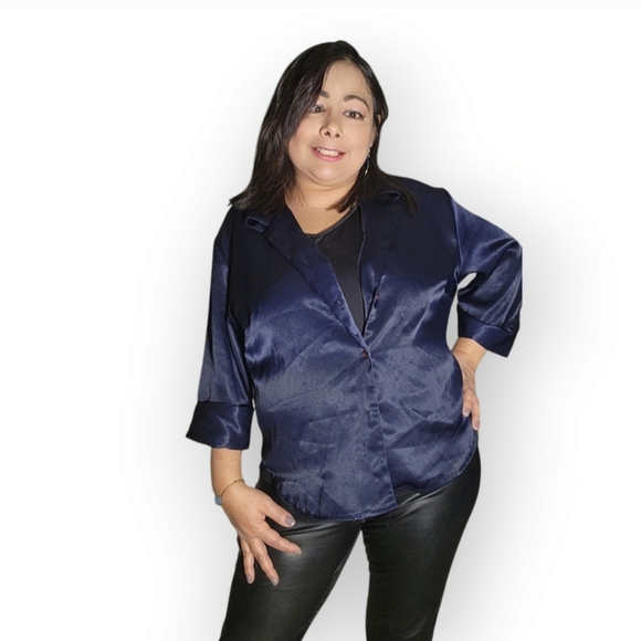 Jean Works & Company Chic Dark Blue Blouse Size L - Picture 1 of 13